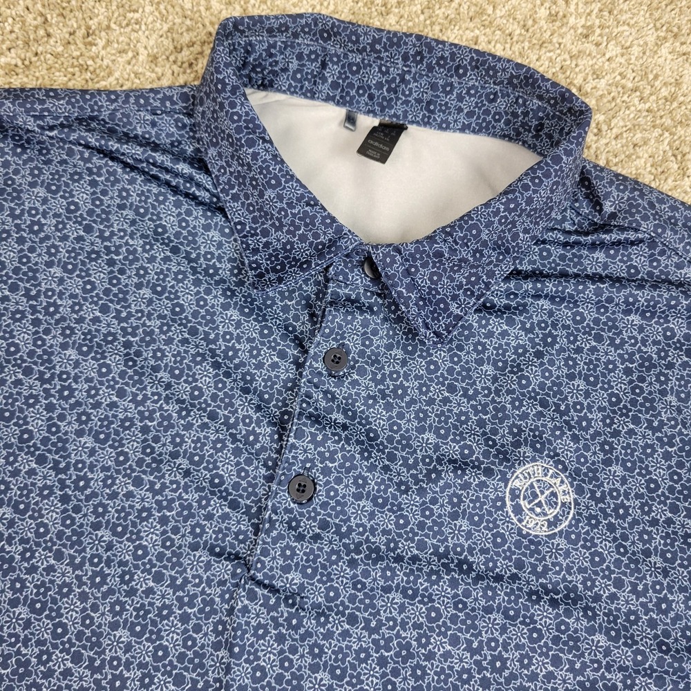 Adidas Mens 2XL Blue AOP Floral Performance Stretch Golf Polo Short Sleeve